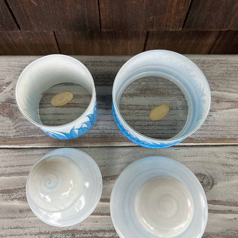 Vintage Blue and White Hand Painted Lidded Glass Jars with Coastal Motiff - Picture 4 of 8